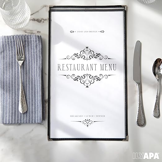 Ilyapa 30 Pack of Menu Covers 11 X 17 - Single Page, 2 View, Restaurant Menu Covers, Double Stitched Sleeves 11x17 Clear Plastic Sleeves