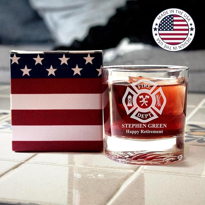 Personalized Firefighter Whiskey Glass, Fathers day gift for dad, Custom Name & Text, Etched Fire Dept Whiskey Glass, 12oz Engraved American Flag Glassware, Fireman Gift, Firefighter Gifts for Men