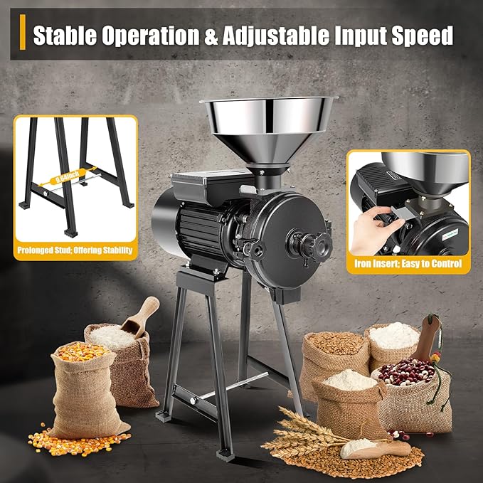 1500W Electric Grain Mill Grinder, 110V Commercial Dry Grinder for Rice Corn Spices, 70kg/h Stainless Steel Grinding Machine with Adjustable Fineness, for Restaurant Lab Supermarket Home Use
