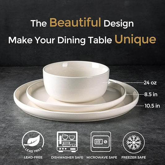 AmorArc Dinnerware Sets for 4, 12 Pieces Ceramic Plates and Bowls Set, Handcrafted Stoneware Plates Set, Dishwasher & Microwave Safe Dishes Set
