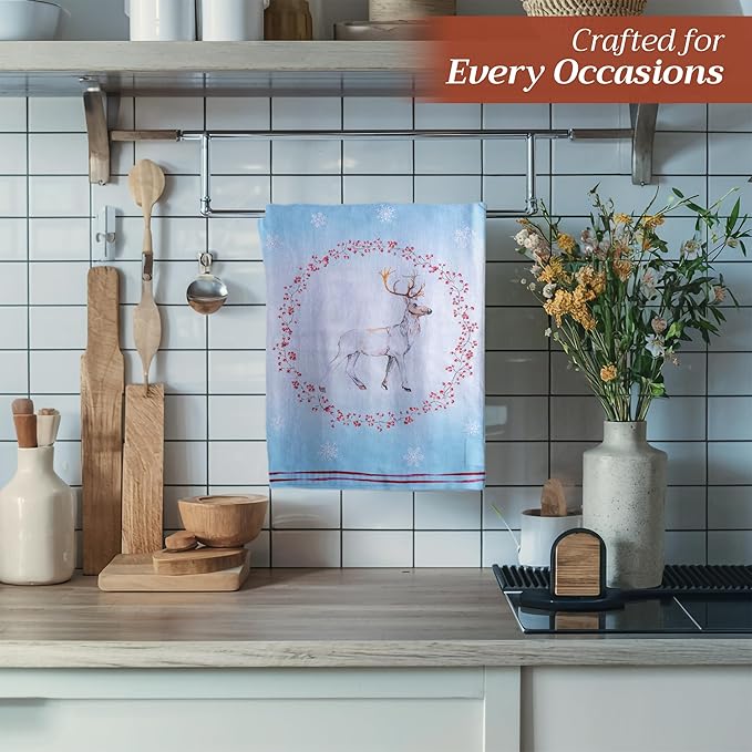 Maison d' Hermine Kitchen Towels Set of 3 100% Cotton 20" x 27.5" Reusable Cloth Tea Dish Towels Absorbent with Hanging Loop for Kitchen Dining Thanksgiving Christmas Decorations (Fairy Tale Forest)