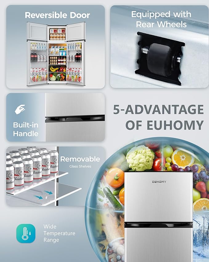 EUHOMY 7.4 Cu.Ft. Refrigerator with Freezer, 2 Door Fridge, Adjustable Thermostat,Large Capacity, Refrigerator for Kitchen/Dorm/Office/Apartment - Food Storage or Cooling drinks, Silver