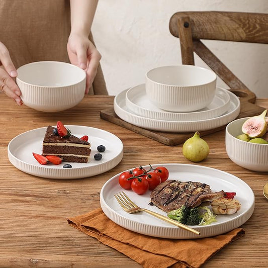 Dinnerware Sets, 12 Pieces Stoneware Plates and Bowls Set, Reactive Glaze Ceramic Dishes Set Scratch Resistant, Kitchen Dinner Set Dishwasher & Microwave Safe, Service for 4
