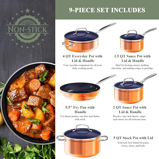 Nuwave 9pc Cookware Set Healthy Duralon Blue Ceramic Nonstick Coated, Diamond Infused Scratch-Resistant, PFAS Free, Oven Safe, Induction Ready & Evenly Heats, Tempered Glass Lids & Stay-Cool Handle