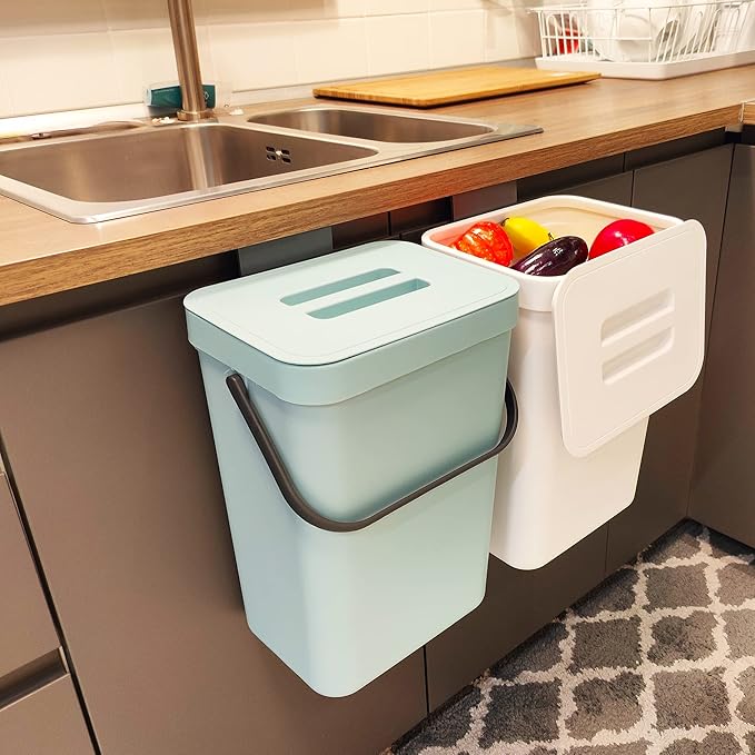 stonespace Compost Bin Kitchen, Under Sink Compost Bin Indoor Sealed, 3.2 Gallon/12L Compost Bucket for Kitchen, Wall Mounted Trash Can,Small Trash Can with Lid,1 Pack Blue