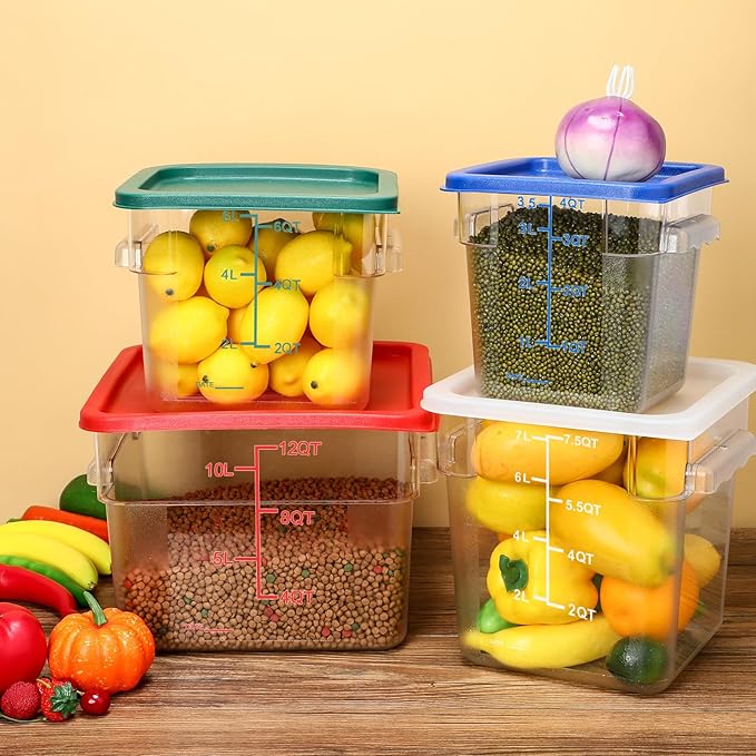 Maxcheck 4 Pcs 4qt Food Storage Container with Lids Bulk Clear Commercial Food Storage Bins with Scale Handle Space Saving Restaurant Tubs for Kitchen Prep Proof Dough Marinating Meat(Red, Green)