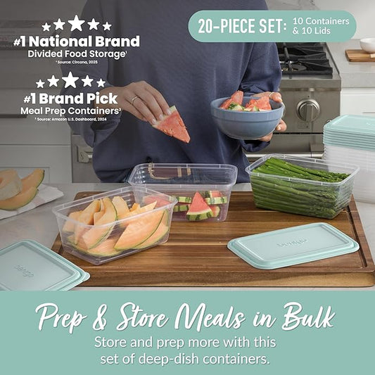Bentgo Prep - 20-Piece Deep-Dish Storage Containers, Extra-Large 8-Cup Capacity for Meal Prep & Leftovers, Reusable, PFAS & BPA-Free, Durable, Microwave, Freezer, & Dishwasher Safe (Aqua Splash)