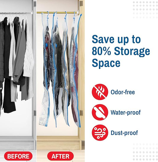 Hanging Vacuum Storage Bags for Clothes & Coats β 8 Pack (4 Small & 4 Large) Vacuum Seal Garment Bags for Hanging Storage β Space Saving Compression Bags for Clothing, Jackets β Transparent
