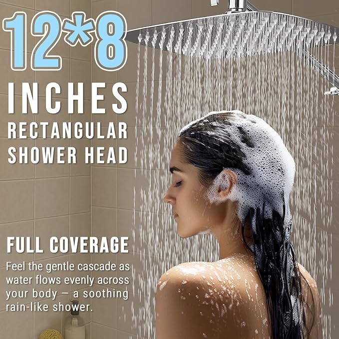 G-Promise All Metal 12 Inch Dual Square Shower Head with Handheld Spray Combo, Rain Shower Head, Adjustable Extension Arm, 3-Way Diverter, 71 Inch Extra Long Hose - A Bathroom Upgrade (Chrome)