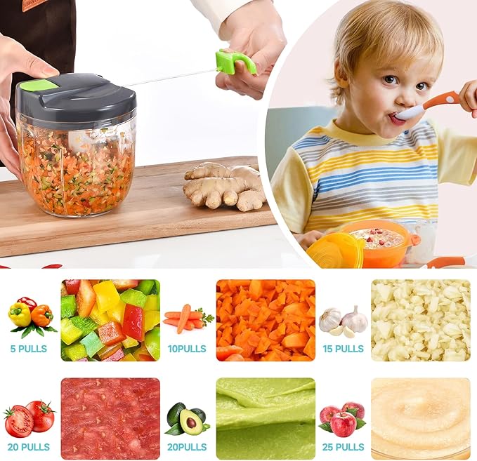 Manual Food Processor Vegetable Chopper, Portable Hand Pull String Garlic Mincer Onion Cutter for Veggies, Ginger, Fruits, Nuts, Herbs, etc., (900ml,Gray-green)
