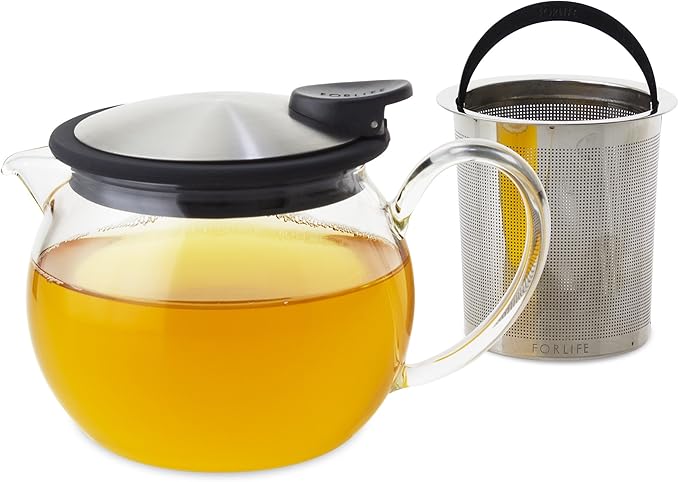 FORLIFE Bola Glass Teapot with Basket Infuser, 15-Ounce/444ml, Black Graphite