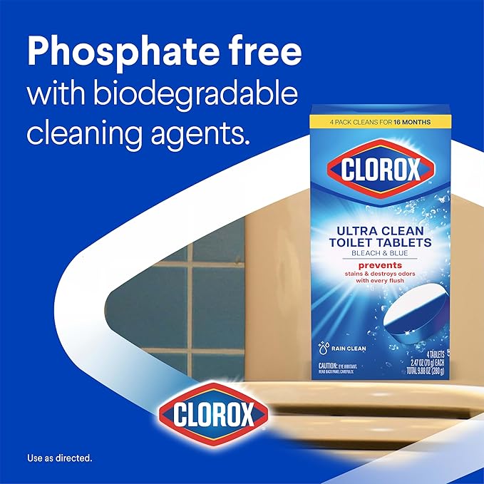 Clorox Ultra Clean Toilet Tablets Bleach & Blue, Rain Clean Scent 2.47 Ounces Each, 2 Count (Package May Vary)