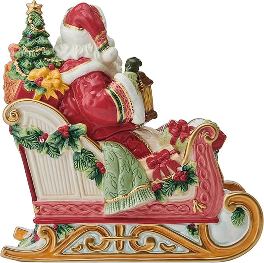 Fitz and Floyd Santa Crimson Holiday Ceramic Cookie Jar, Christmas Treat Kitchen Countertop Storage Jar with Removable Lid, 10 Inch
