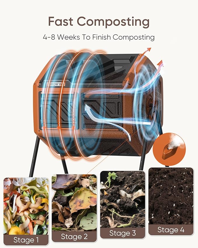 THEGROW'ING Updated 43 Gallon Compost Bin Outdoor, Fast Assemble Tumbling Composter, Dual Chamber Composter Tumbler, Rotating Compost Bin for Outside, Backyard, Garden and Yard, Orange