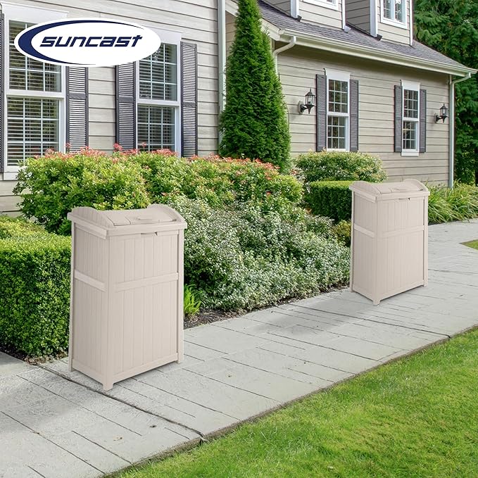 Suncast 2 Pack 15.75" x 16" x 31.6" Trash Hideaway 33 Gallon Resin Outdoor Commercial Garbage Container with Lid for Backyard, Deck, or Patio in Taupe