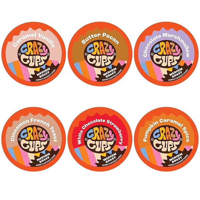 Crazy Cups Flavored Medium Roast Hot or Iced Coffee, Variety Recyclable Pods for Keurig K Cup Brewers, 24 Count