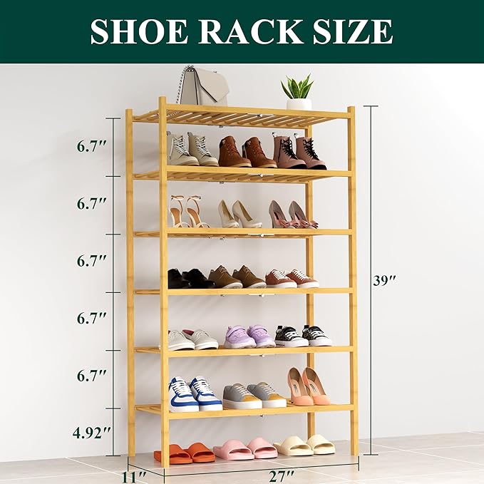 Smiry Shoe Rack, 6 Tier Thick Bamboo Shoe Organizer, Stackable Free Standing Wooden Shoe Storage Shelf for Closet, Entryway, Front Door Entrance, Natural