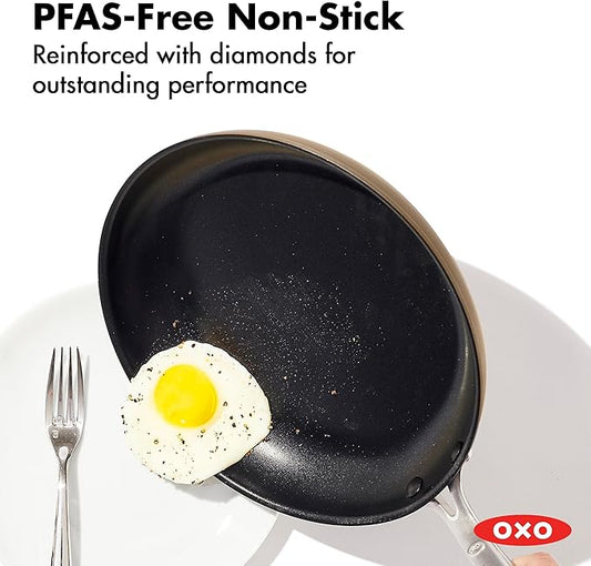 OXO Enhanced 12β Nonstick Frying Pan Skillet, Ceramic PFAS-Free Cookware, Stainless Steel Handle, Eggs & Omelets, Dishwasher & Oven Safe, Biscuit Brown