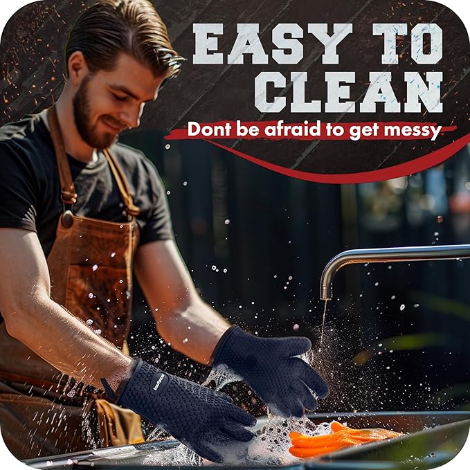 KITCHEN PERFECTION XL Silicone Smoker Oven Gloves-Extreme Heat Resistant BBQ Gloves-Handle Hot Food Right on Your Grill Fryer&Pit|Waterproof Grilling Cooking Baking Mitts|Superior Value Set+3 Bonuses