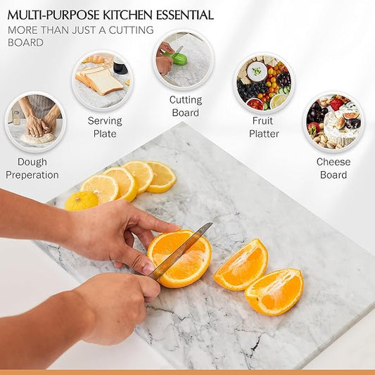 Kitchen Marble Stone Cutting Board - Marble Cutting & Charcuterie Board of 16 x 12 x 0.6 Inches, Non Slip Scratch Resistant Pastry Tray, Rectangular Serving & Chopping Slab for Countertop - White