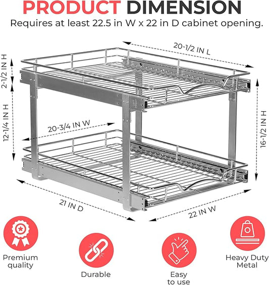 HOLDNâ STORAGE Two Tier Pull Out Cabinet Organizer, Individual Sliding Drawers - Heavy Duty Metal with Lifetime Limited Warranty - Anti Rust Chrome Finish - 22" W x 21âD x 16.5" H