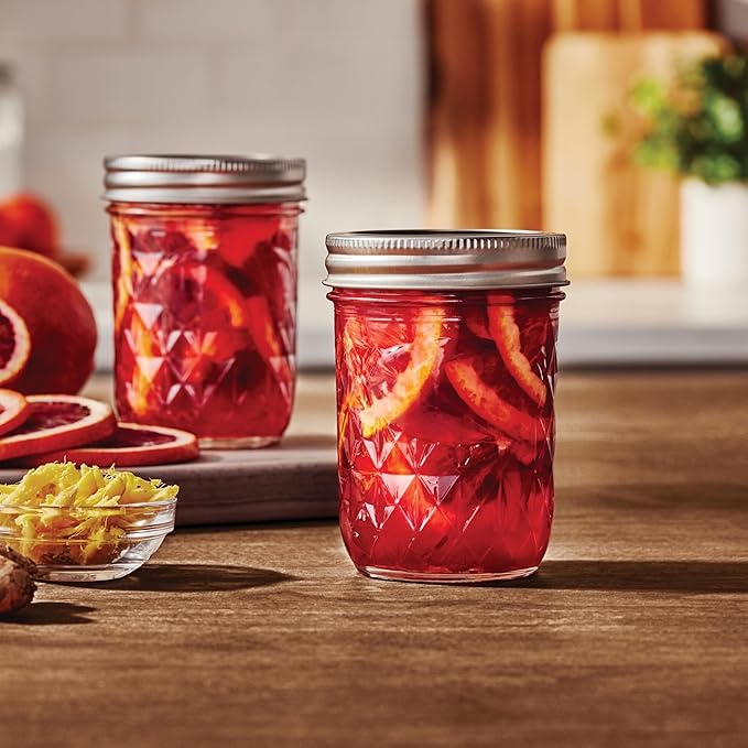 Ball Regular Mouth Quilted Crystal Glass Mason Jars with Lids and Bands, Used for Canning, Pickling, Juice, Jam, Jelly, Half Pint Size (Pack of 6)