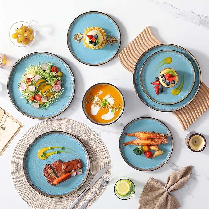 vancasso Plates and Bowls Sets, 18 Pieces Stoneware Dinnerware Sets for 6, Kitchen Dish Set Mircowave and Dishwasher Safe Dinner Set Ceramic Dishware, Sky Blue, Series AMBER