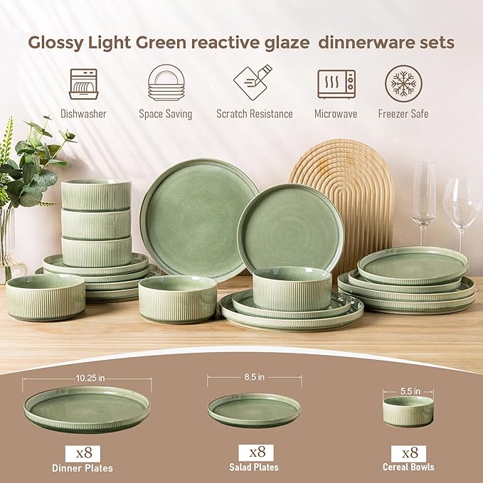 GBHOME Stoneware Dinnerware Sets for 8,Round Reactive Glaze Ceramic Plates and Bowls Set,Highly Scratch Resistant | Dishwasher & Microwave Safe Dishes Set,Service for 8(24pcs),Olive Green