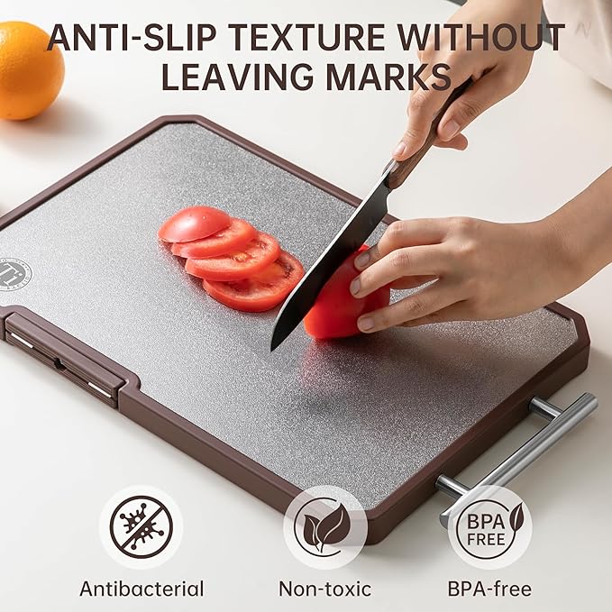 Titanium Cutting Board with Knife Sharpener, Pure Titanium & Acacia Wood Cutting Boards for Kitchen, Double Sided Checkerboard Chopping Board with Handle & Stand, 16.7”×10.4”x×1.2”