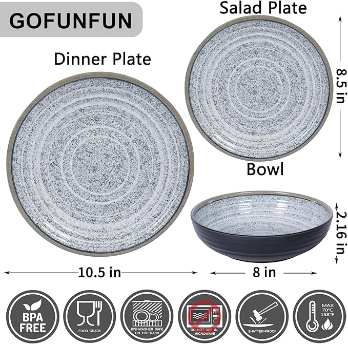 Melamine Dinnerware Sets 12 PCS - Service for 4 Plates & Bowls Sets Dishwasher Top-Shelf Safe, BPA Free Dinner Dishes Set for Everyday Use-Granite Pattern Black Back