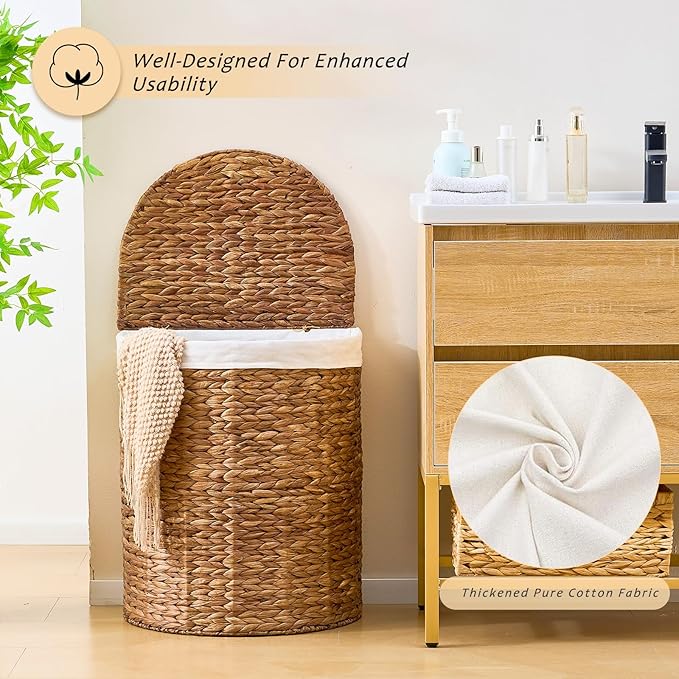 Water Hyacinth Laundry Hamper with lid, Half Moon Shape with 2 Removable Cloth Bags, Handwoven Boho Wicker Basket for Laundry Organization, Espresso
