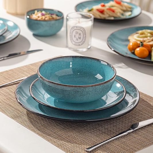 24 Piece Dinnerware Sets for 6, Scratch Resistant,microwave oven and Dishwasher Safe Plates and Bowls Sets Ceramic, Dish Set, Bowl and Plate Set -Kiln turned sea blue