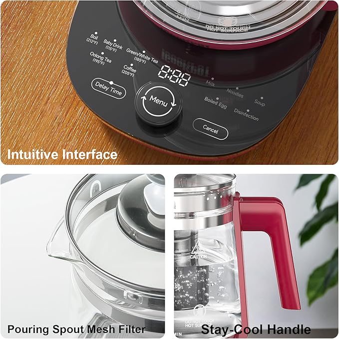 Electric Kettle, 1.5L Borosilicate Glass Hot Water Kettle Electric & Tea Kettle for Coffee or Tea, BPA Free, Auto Shut-Off, Stainless Steel, Red, 1200w