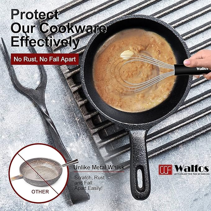 Walfos Whisk,Whisks for cooking set, 304 Stainless steel Whisks,Heat Resistant 600°F.Perfect for Blending Beating Stirring - 11inFlat Whisk and 7+9+11in Balloon Whisk