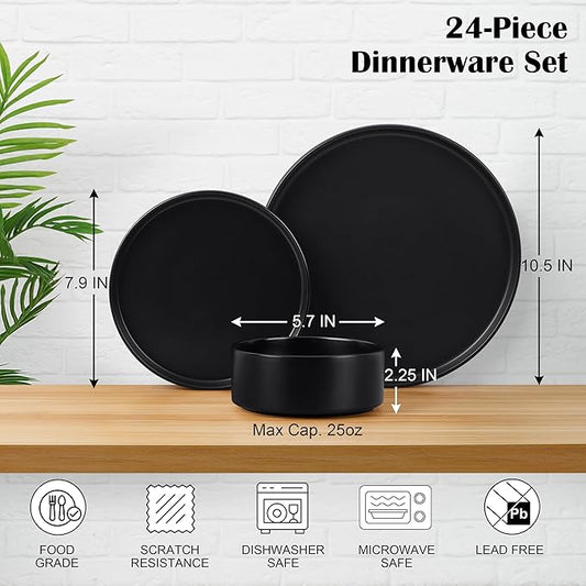 E-far Black Dinnerware Sets for 8, 24-Piece Stoneware Plates and Bowls Dish Set, Modern Kitchen Dinning Dishware, Chip and Scratch Resistant, Microwave & Dishwasher Safe, Matte Black