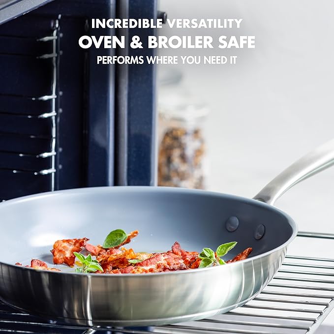 GreenPan Treviso 9.5” and 11” Frying Pan skillet Set, Non-Toxic PFAS-Free Stainless Steel Ceramic Nonstick Coating, Induction Suitable, Multi Clad, Pouring Rims, Dishwasher & Oven Safe to 600°