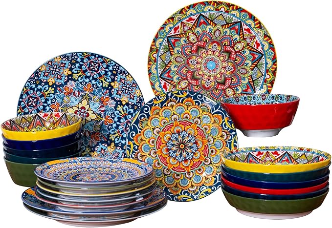 24 Pieces Dinnerware Sets, Ceramic Plates and Bowls Set, Microwave and Dishwasher Safe, Scratch Resistant, Bohemian Style Dishware Set, Service for 6