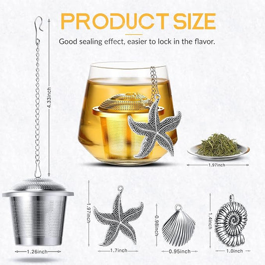 3 Sets Tea Infusers Steeper for Loose Leaf Tea Holder Stainless Steel Tea Ball Mesh Strainer Filters with Drip Trays and Pendant(Ocean Style)