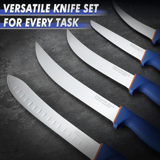 DRAGON RIOT 6 Pcs Butcher Knives Set, Meat Processing Knife Set for Brisket Trimming with German Stainless Steel and Blue Non-slip Handle Gift for Men