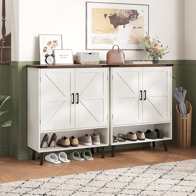 Vabches Farmhouse Shoe Storage Cabinet with Doors, 5 Tier Small Shoe Cabinet with Adjustable Shelves and Metal Legs, 34" Tall Shoe Rack Organizer for Entryway, Foyer, White