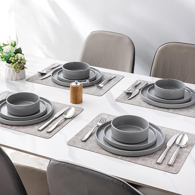 Dinnerware Set for 8, 24 Piece Speckled Plates and Bowls Set with Glazed Bottom, Chip & Scratch Resistant Stoneware Plates Sets, Dishwasher & Microwave Safe Dishes (Limestone, Service for 8)