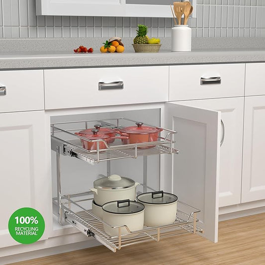 2-Tier Pull Out Cabinet Organizer (17.5" W x 22" D), Pull Out Shelves and Drawer for Kitchen Pantry Storage Basket, Heavy-Duty Metal Sliding Shelf, Chrome Finish