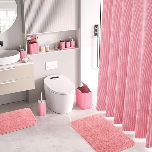 Bathroom Accessory Set - Bathroom Set, 27PC Bathroom Accessories Set, Pink Bathroom Sets with Shower Curtain and Rugs, Mini Trash Can, Toilet Brush, Trash Can & Soap Dispenser