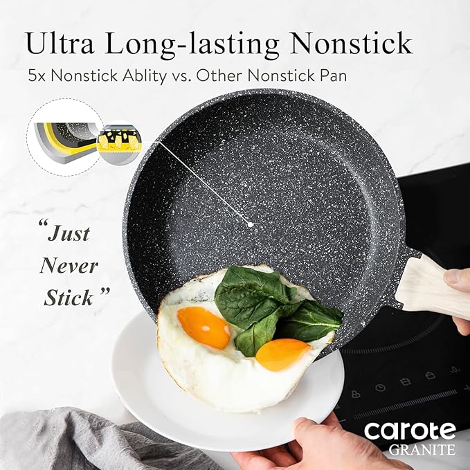 CAROTE Non Stick Frying Pan Skillet, Omelet Pan, Healthy Non Toxic Granite Chef Pan, Induction Compatible Egg Frying Pan with Heat-Resistant Handle, PFOA-Free,Black, 12"