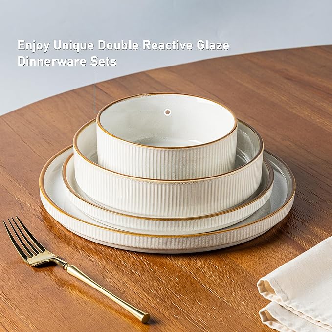 GBHOME Stoneware Dinnerware Sets for 4,Round Reactive Glaze Ceramic Plates and Bowls Set,Highly Scratch Resistant | Dishwasher & Microwave Safe Dishes Set,Service for 4(12Pcs),Pearl White