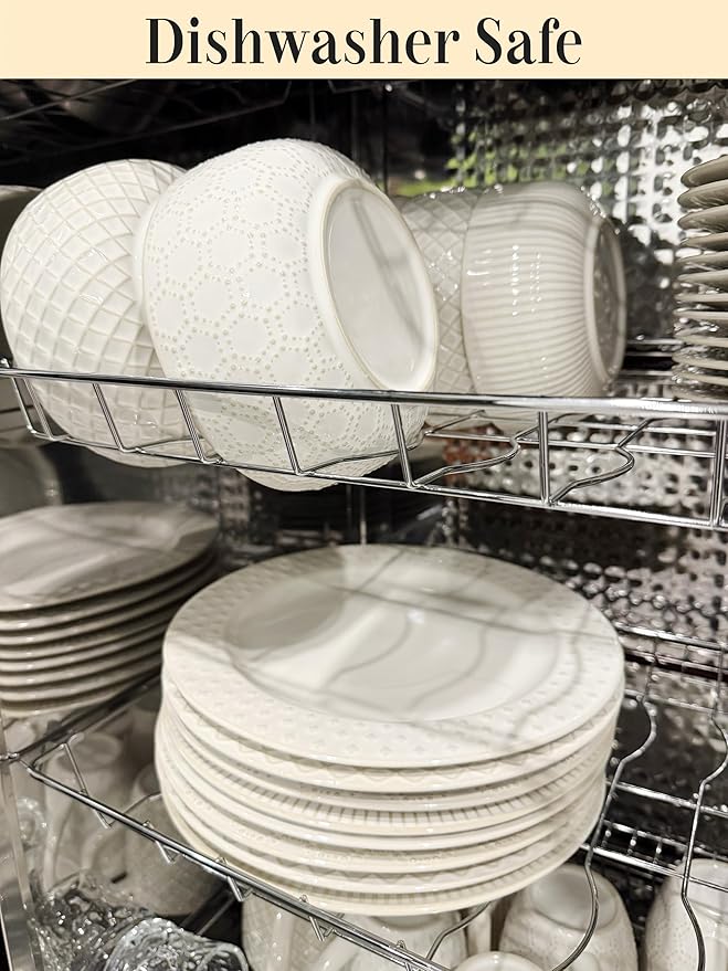 Ceramic Dinnerware Set for 4, 12-Piece Stoneware Plates and Bowls Set, Microwave & Dishwasher Safe, Lead-Free Scratch Resistant, 4 Different Dinner Plates & Soup Bowls (White)