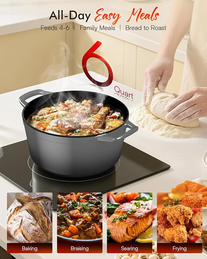 Nuwave 6QT Healthy Enameled Cast Iron Dutch Oven Pot with Lid, Heavy Duty 7-Layer Enamel, Enhanced Rust Protection, Dual Handles, Oven Safe to 500°F for Sourdough Bread Baking, Braise, Stew, Roast