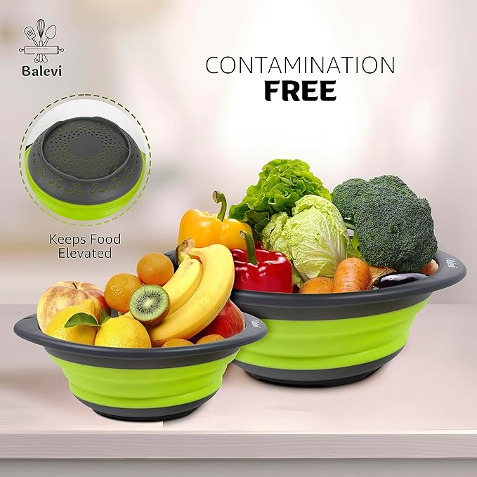 "Balevi Collapsible Strainers for Kitchen - Collapsible Colander Set of 2 Made of Silicone - Collapsible Strainer with Little Pegs to Keep Food Elevated - Green"