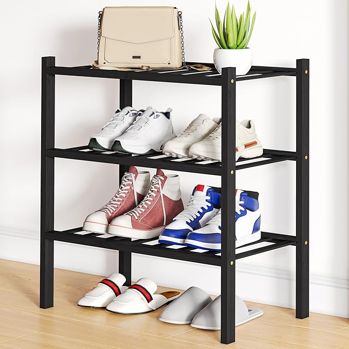 Smiry Shoe Rack, 3 Tier Small Bamboo Shoe Organizer, Stackable Free Standing Wooden Shoe Storage Shelf for Closet, Entryway, Front Door Entrance, Black