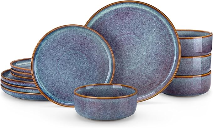vancasso PLAYA Plates and Bowls Sets, 12 Pieces Grey-Blue Dinnerware Sets for Kitchen, Reactive Glaze Dishes Set for 4, Dishwasher and Microwave Safe